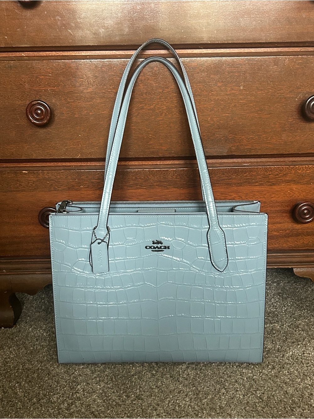Coach Light Blue Croc-Embossed Leather Tote